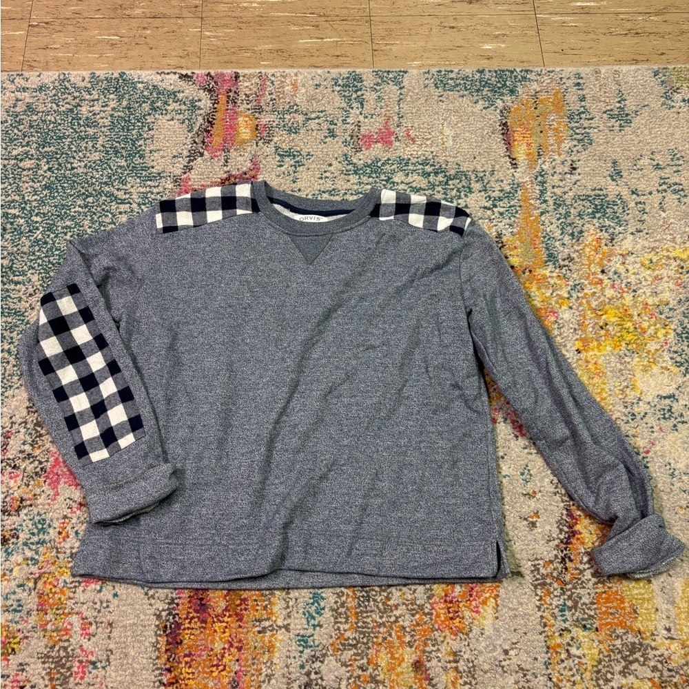 Orvis Long Sleeve Blue Grey Checkered Accent Light Sweater Size Large *Flaw